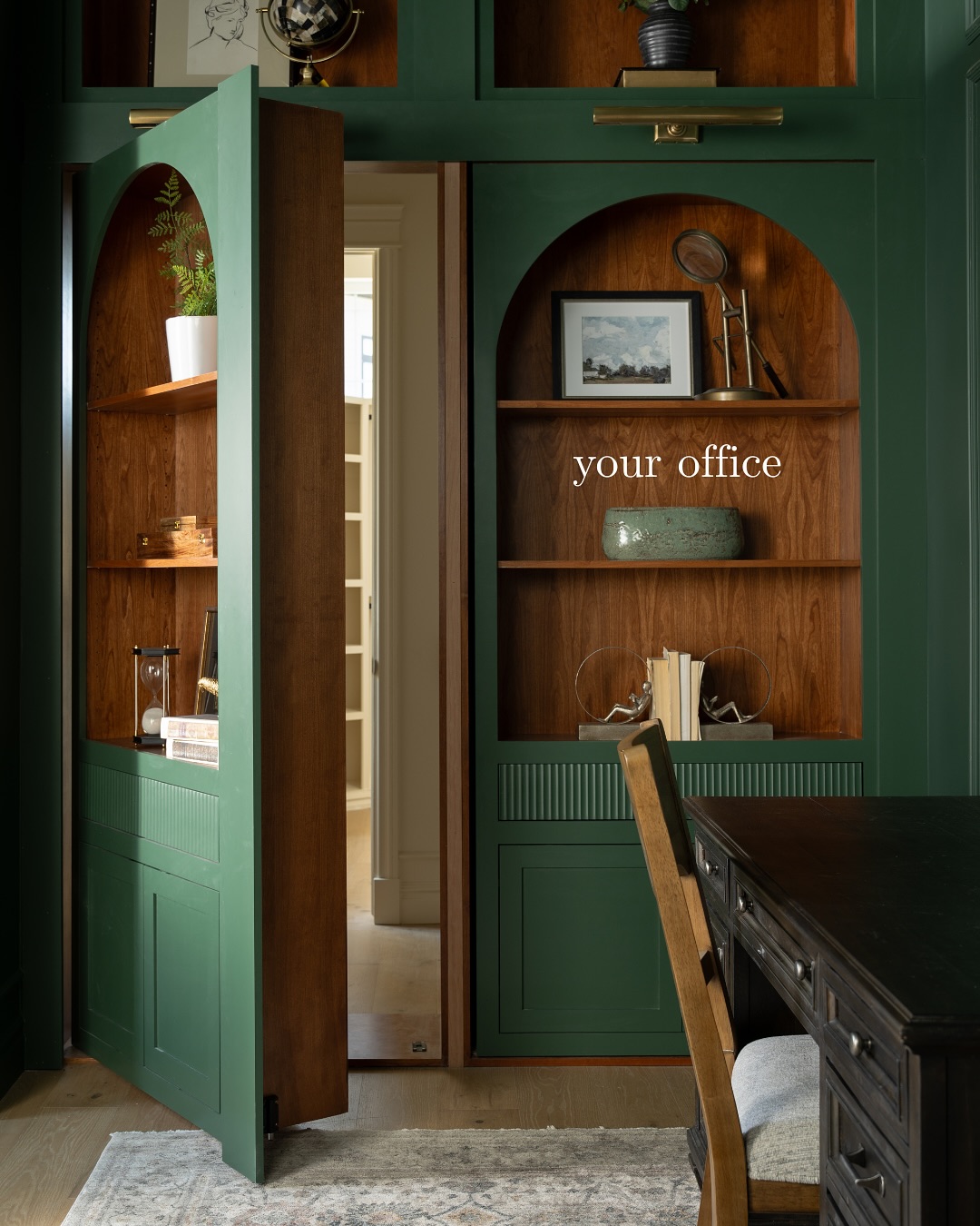 Green Arched Doors Conceal Built-In Office Shelving