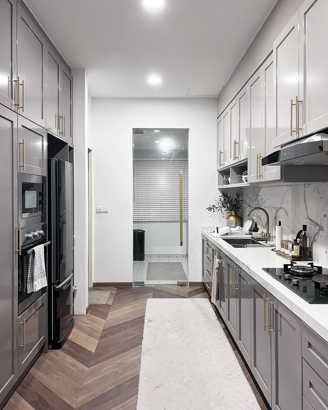 Mix Grey and White Cabinetry with Gold Hardware