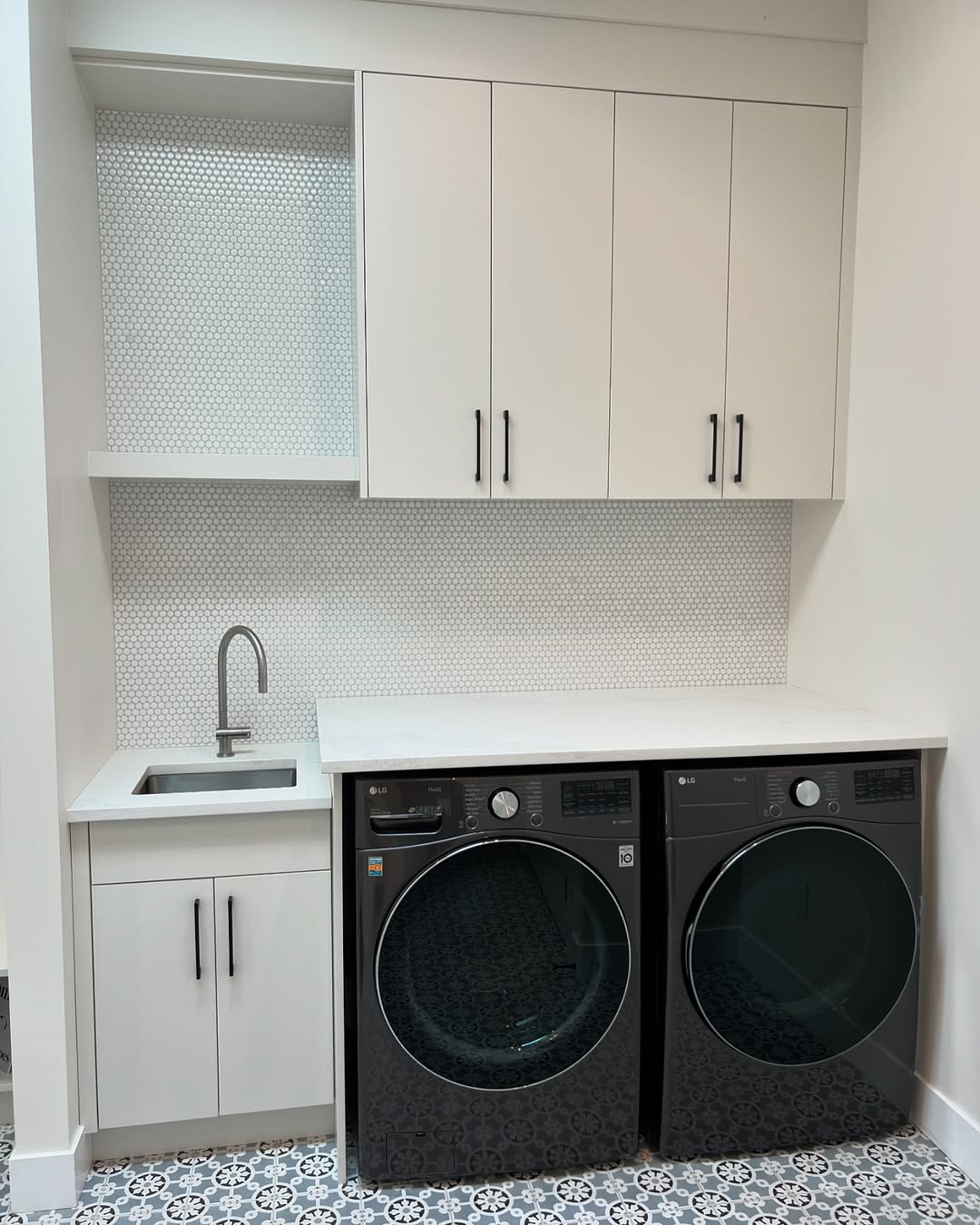 Penny Tile Backsplash for a Clean Laundry Room Look
