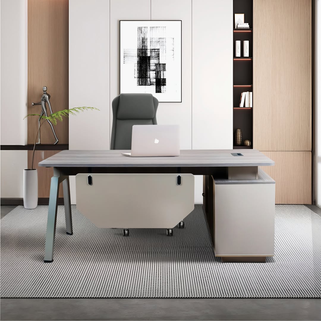 Desk with Integrated Privacy Panel and Mobile Pedestal