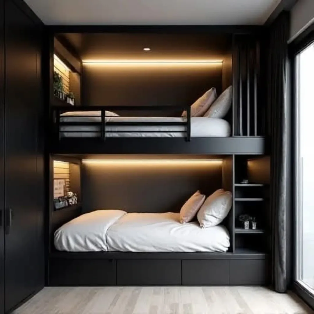 Dark Bunk Beds with Integrated Warm LED Strip Lighting