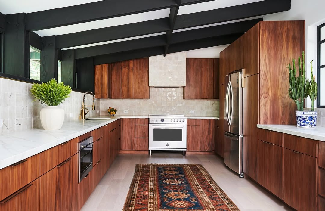 Tall Cactus Adds Vertical Interest Next to Wood Cabinetry