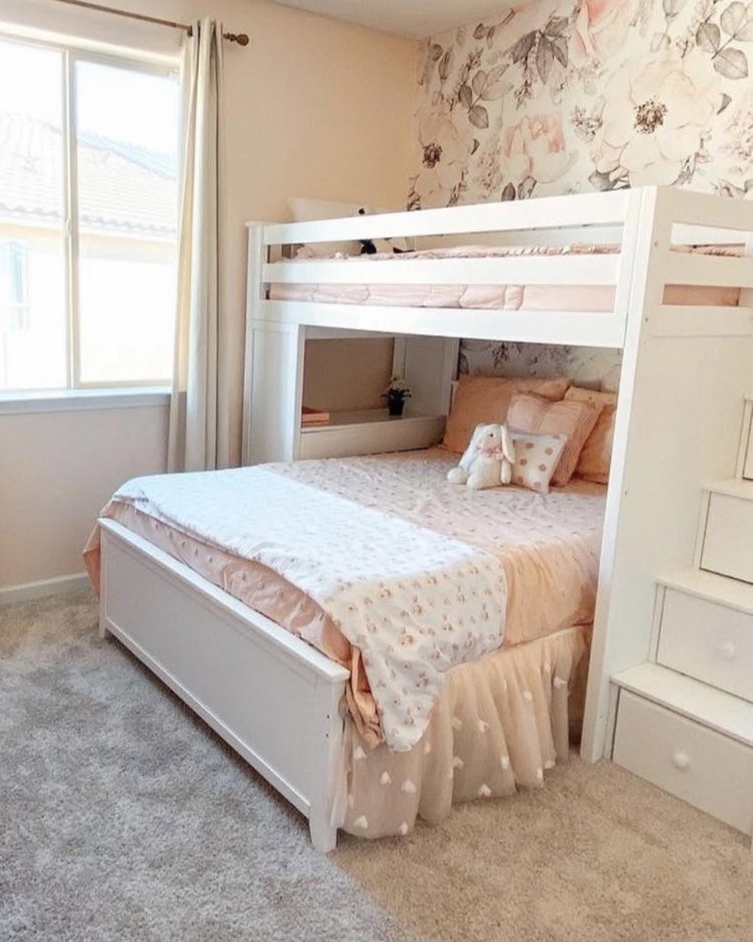 White Bunk Bed with Built-In Staircase Drawers
