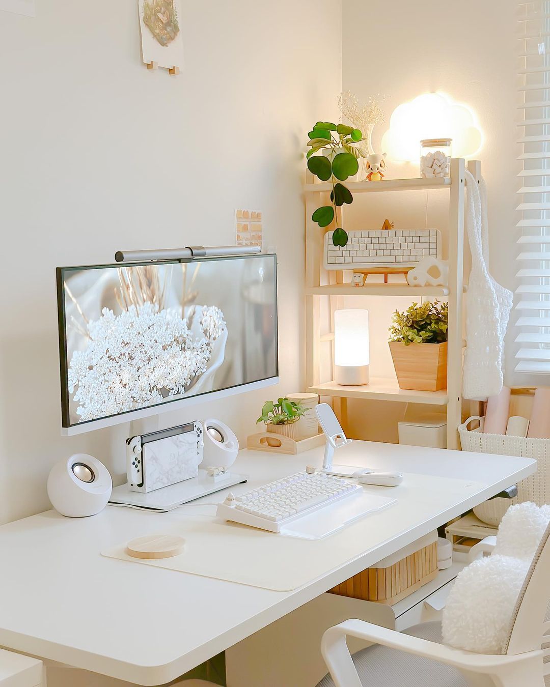 Bring Nature In with a White Desk and Wood Shelf for Plants
