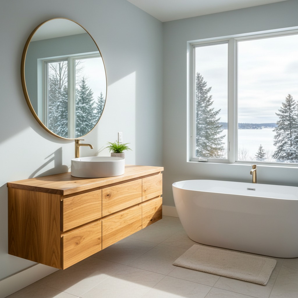 Floating Wood Vanity with Minimalist Vessel Sink