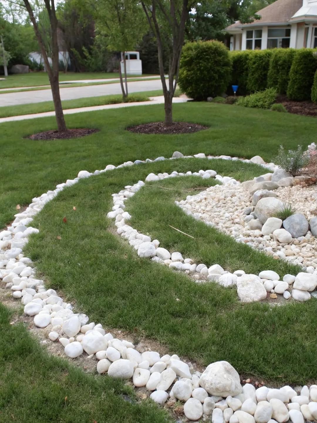 Outline Spiraling Grass Paths with Curving White Rock Borders