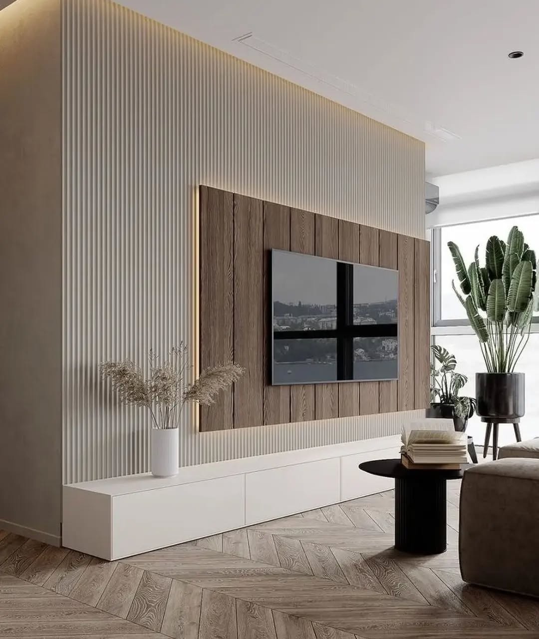 Fluted Panels with a Warm Wood TV Niche