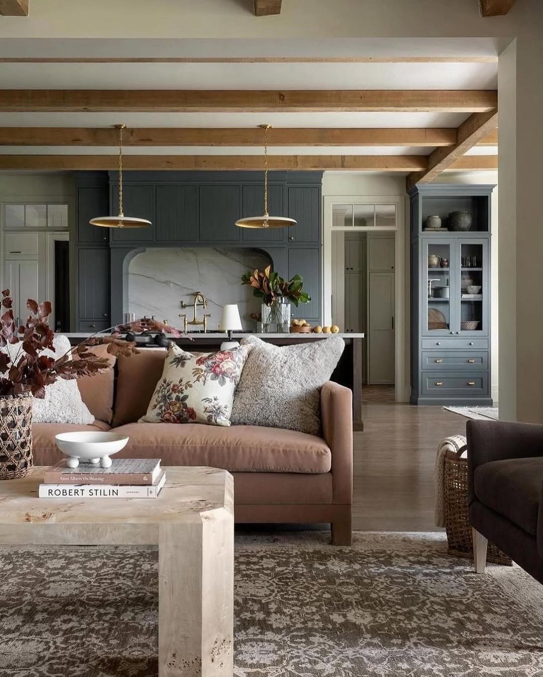 Brass Flat Disc Pendants Add Geometric Interest Above Island