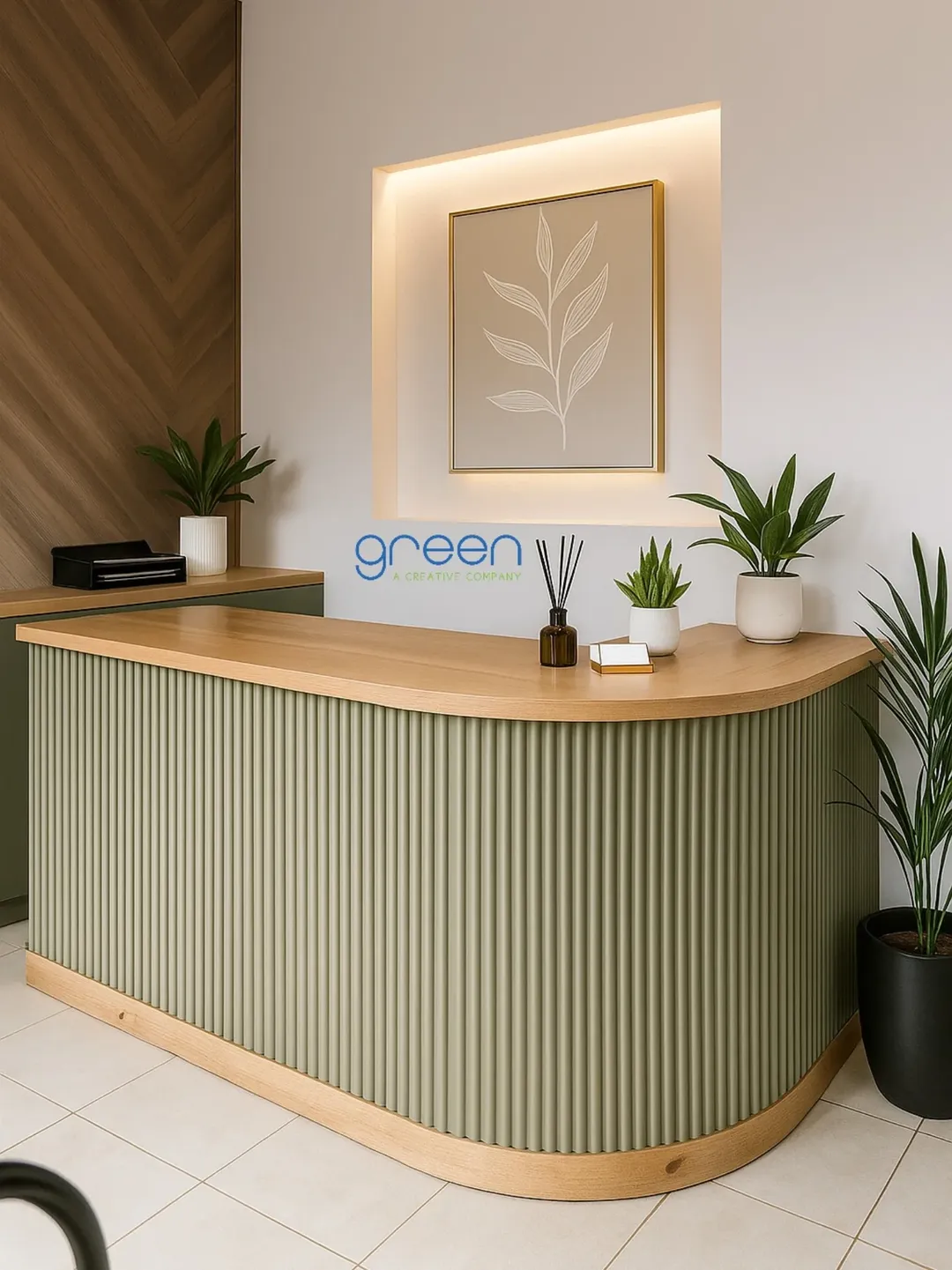 Ribbed Green Front Desk with Natural Wood Trim