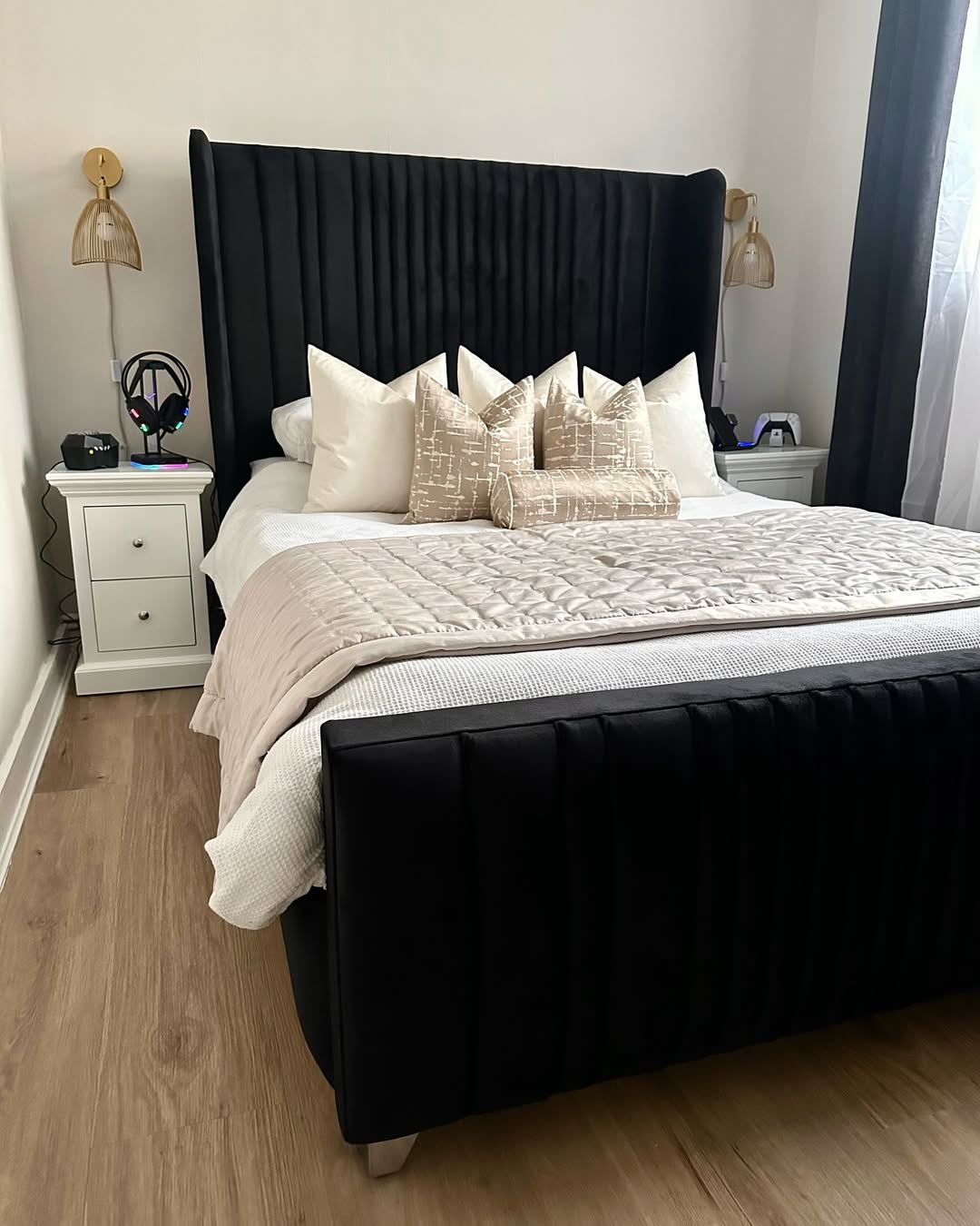 Tall Tufted Headboard Creates a Dramatic Focal Point
