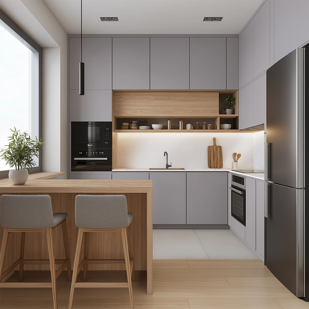 Wood Shelving With Integrated Lighting Warms Up Gray Cabinets
