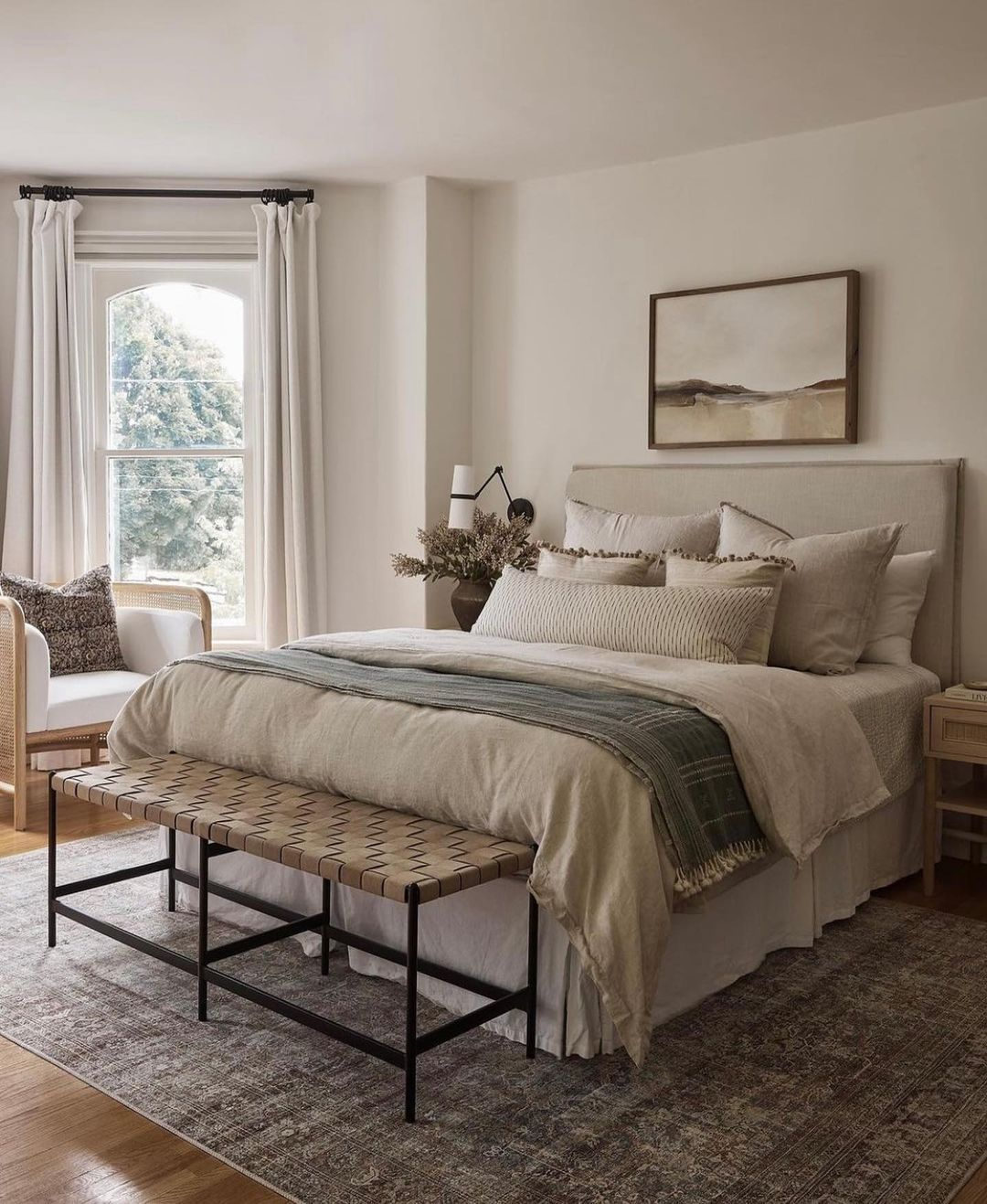 Woven Leather Bench Adds Geometric Pattern to Bedside