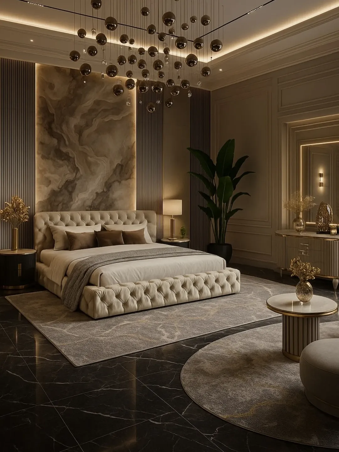 Define Zones with Marble Flooring and Contrasting Rugs