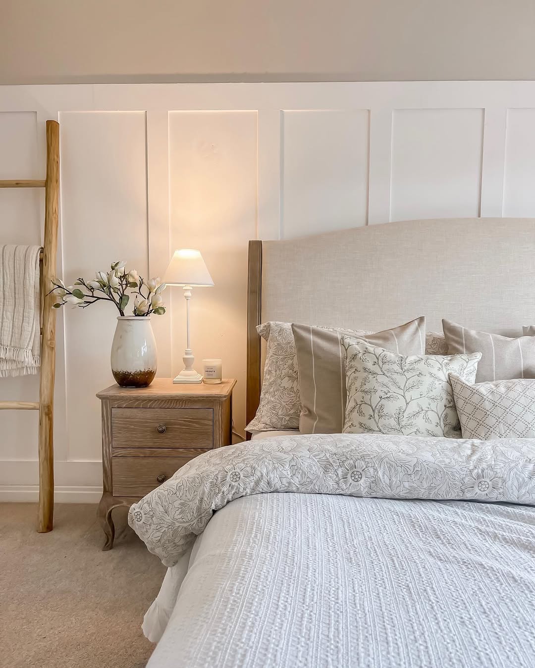 Wooden Ladder Leaning Against Wall for Cozy Blanket Storage