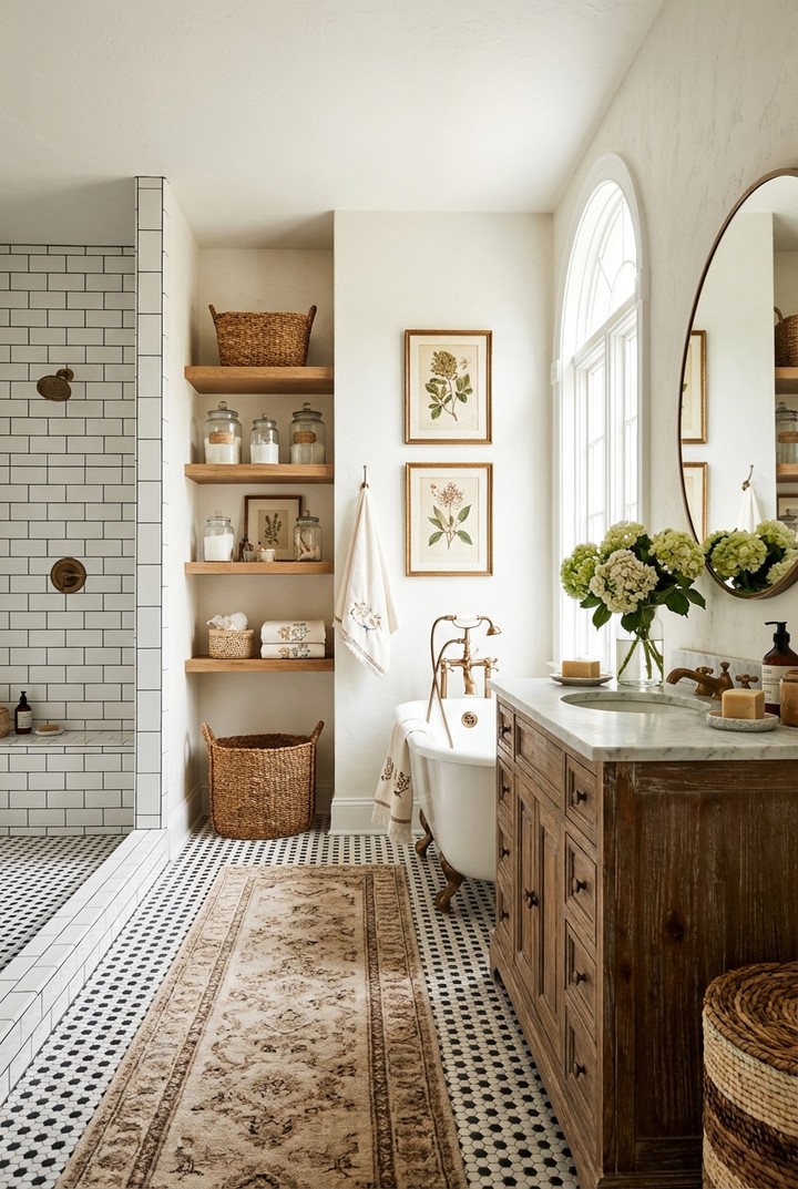 Glass Jars Organize Toiletries on Open Wooden Shelves
