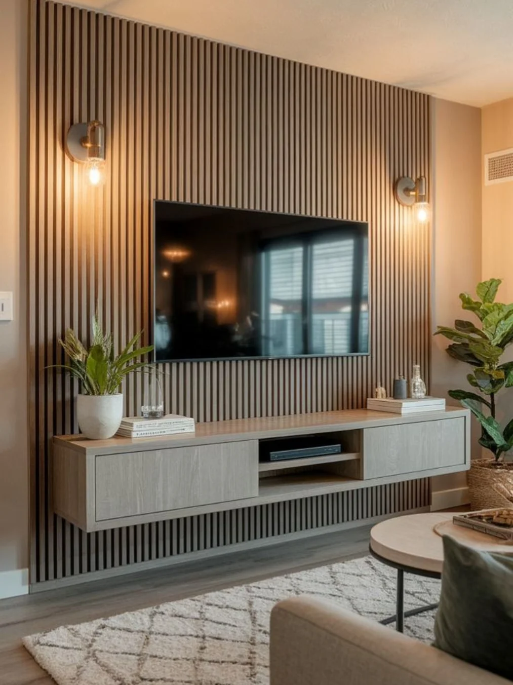 Slatted Wood Wall with Ambient Sconce Lighting