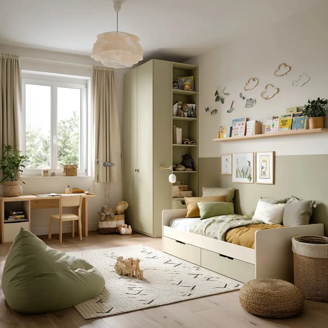 Wall-Mounted Shelves Hold Books and Decor Above the Bed
