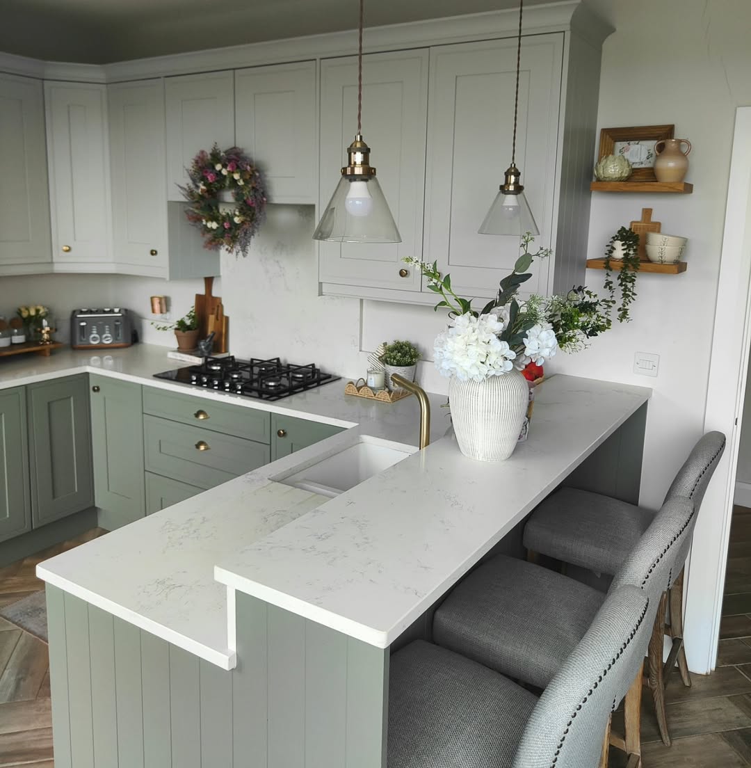 White Striped Vase Adds Softness to Kitchen Island