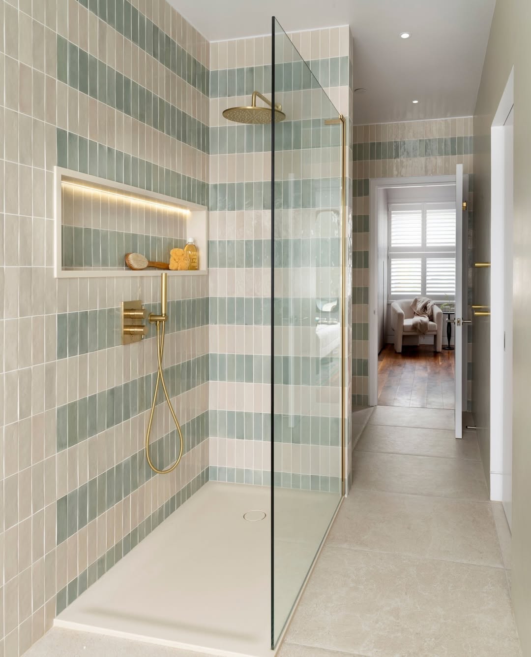 Striped Shower Tile in Soft Green and Beige Tones