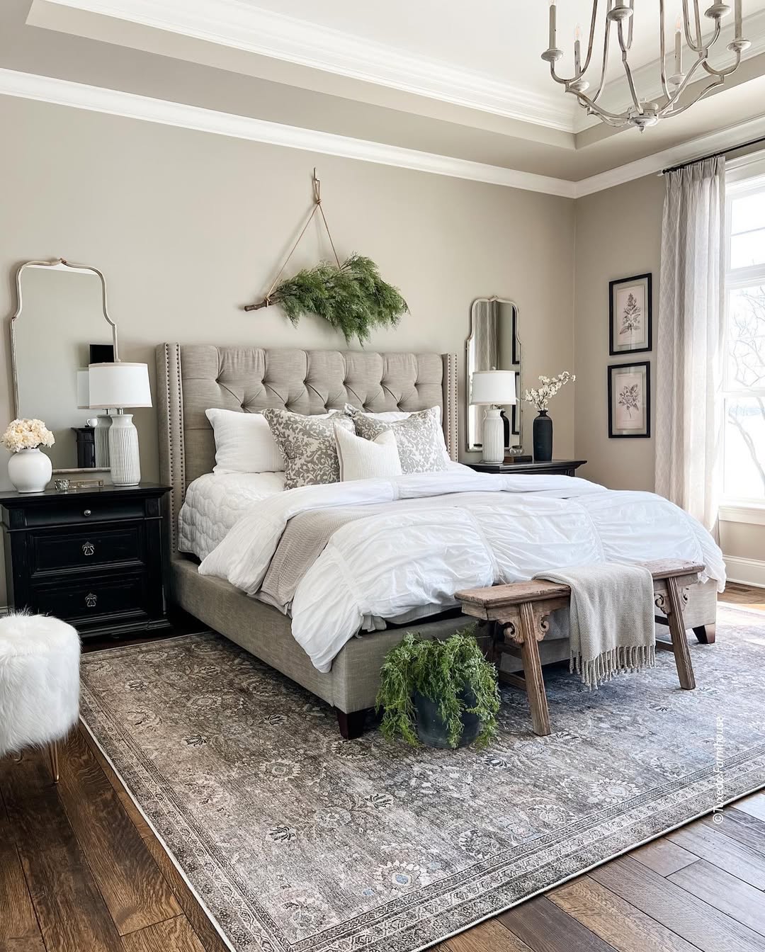 Greenery Softens a Tufted Headboard