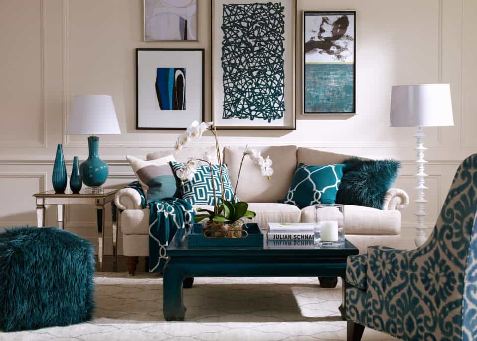 Deep Teal Coffee Table Anchors the Seating Area