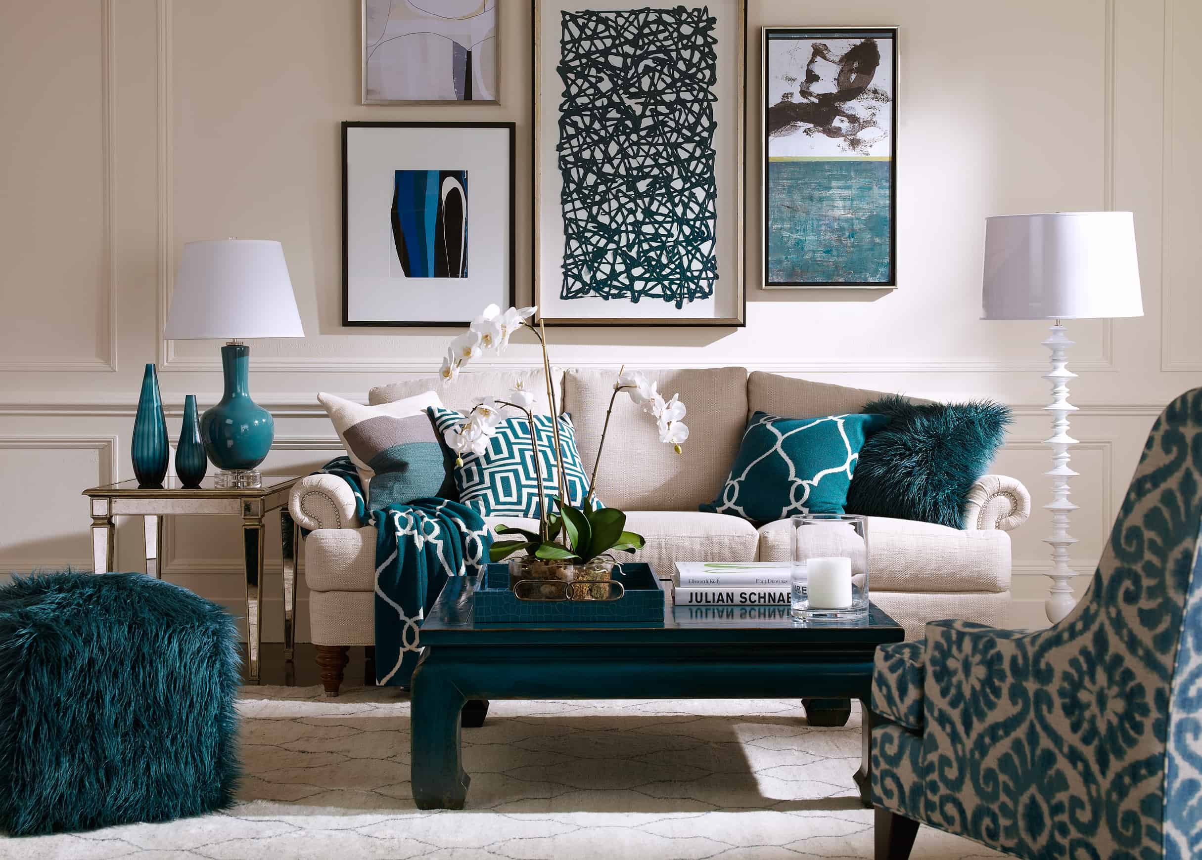 Teal Lacquer Coffee Table Anchors a Patterned Seating Area