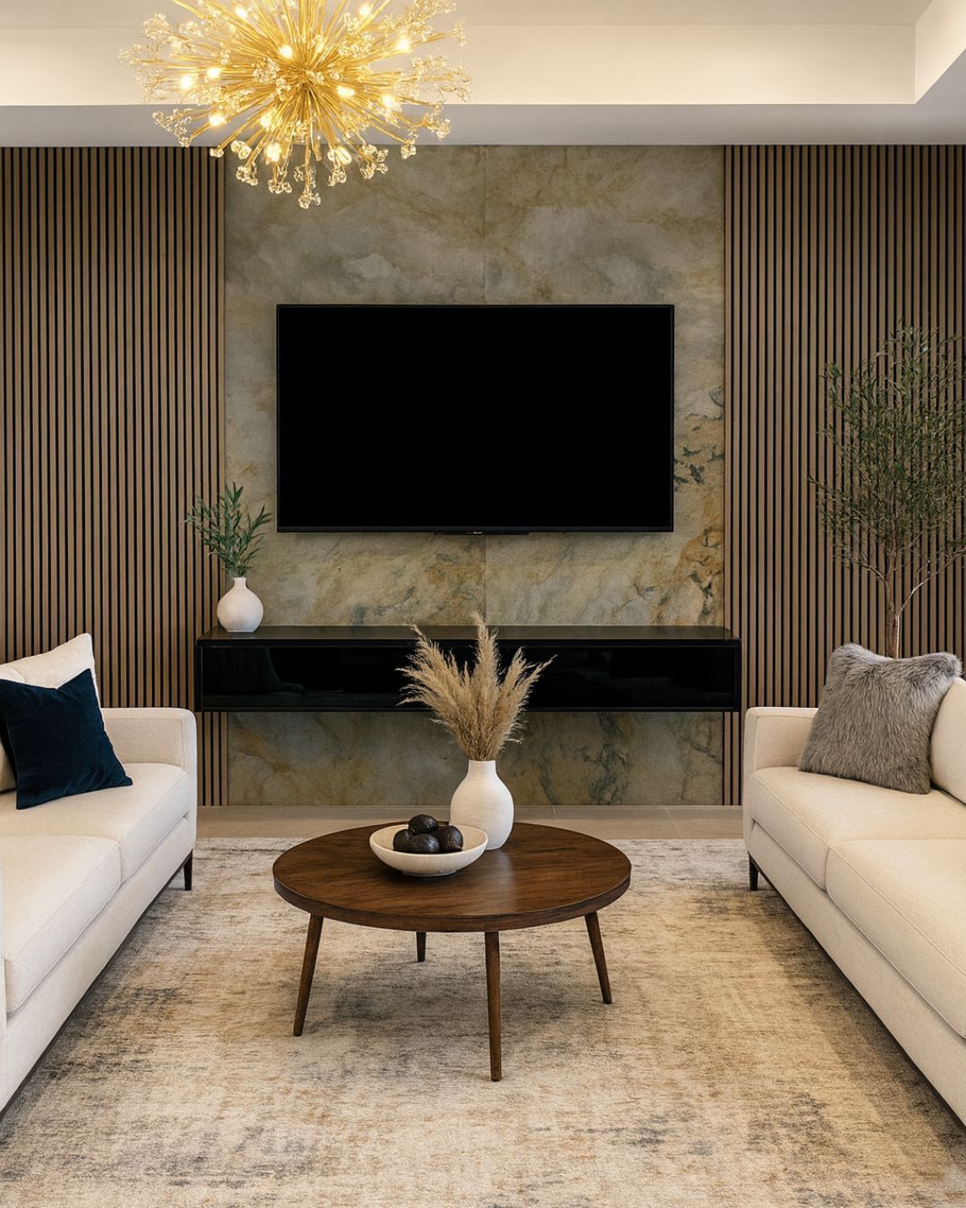 Wood Slat Panels Add Warm Texture Behind TV