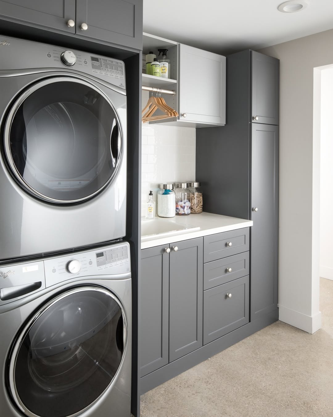 Gain Ample Surface Space With Gray Cabinets and a White Countertop