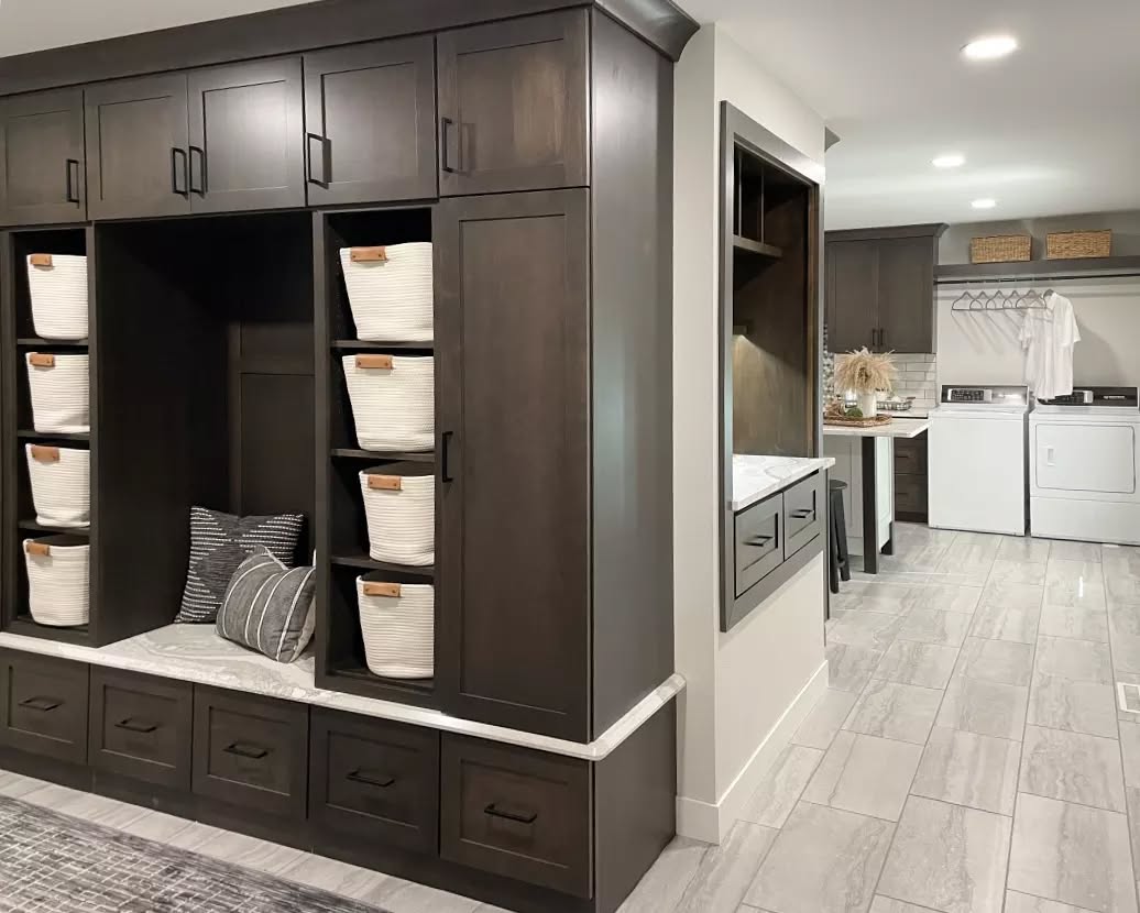 Dark Wood Built-ins With White Rope Baskets for Soft Storage