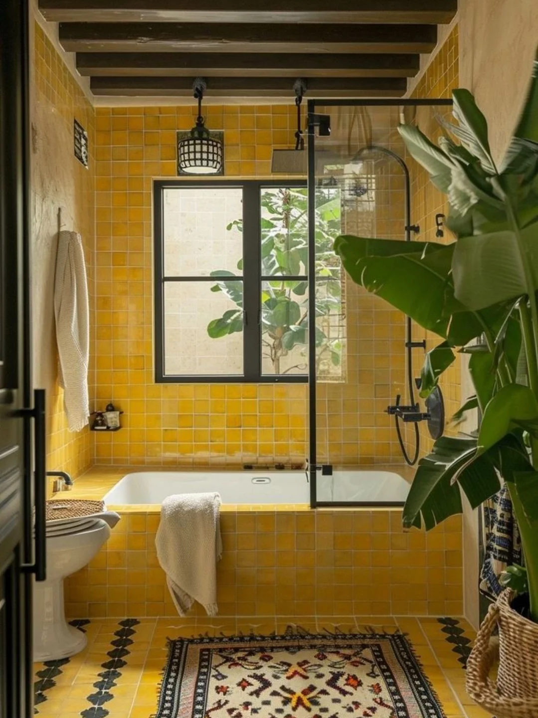 Bold Geometric Border Tile Adds Pattern to Yellow Floor