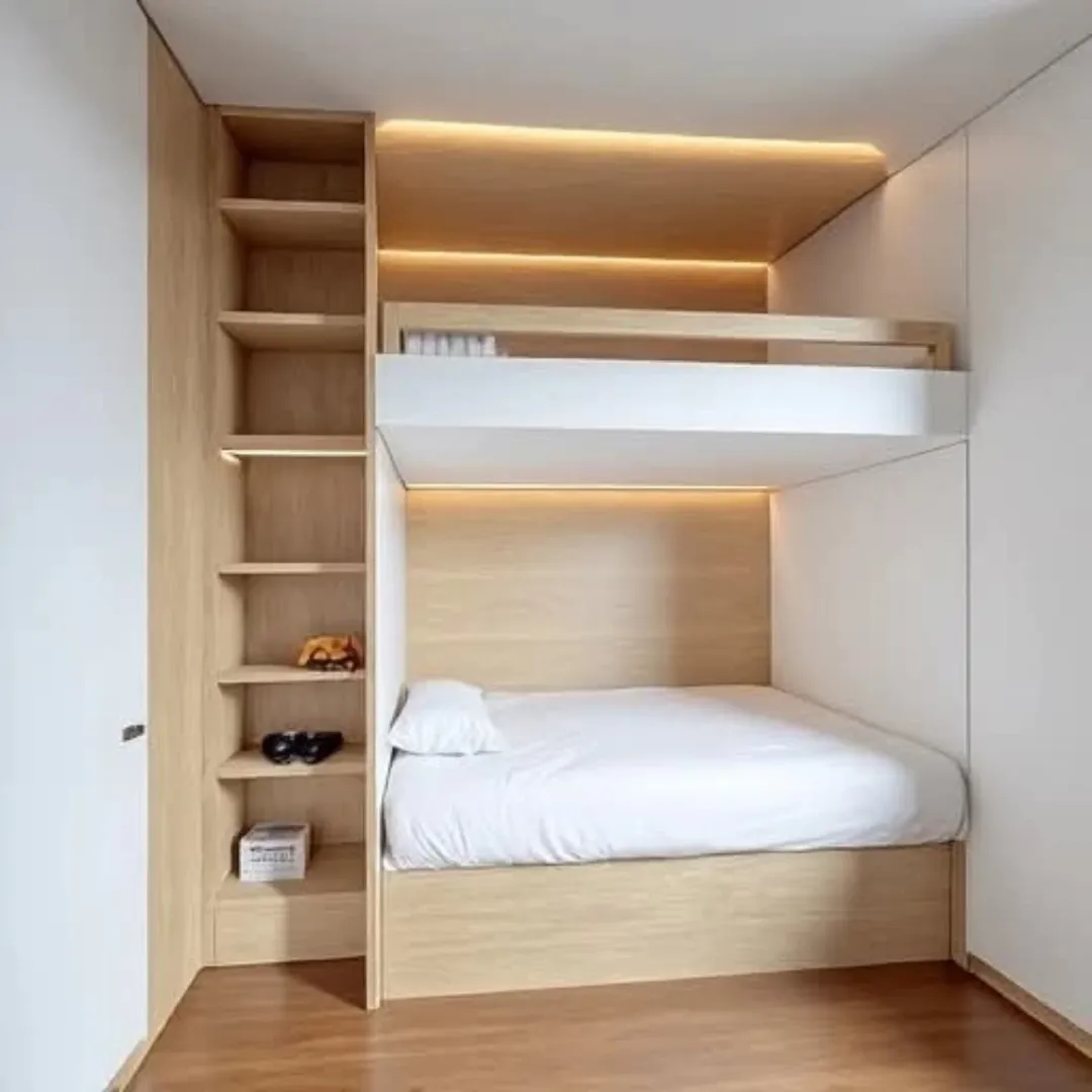 Bunk Beds with Integrated Wood-Tone Shelving