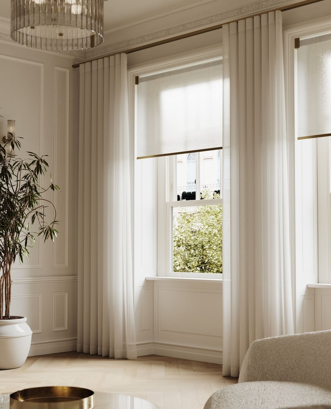 Layer Sheer Curtains Over Roller Shades for Soft Light