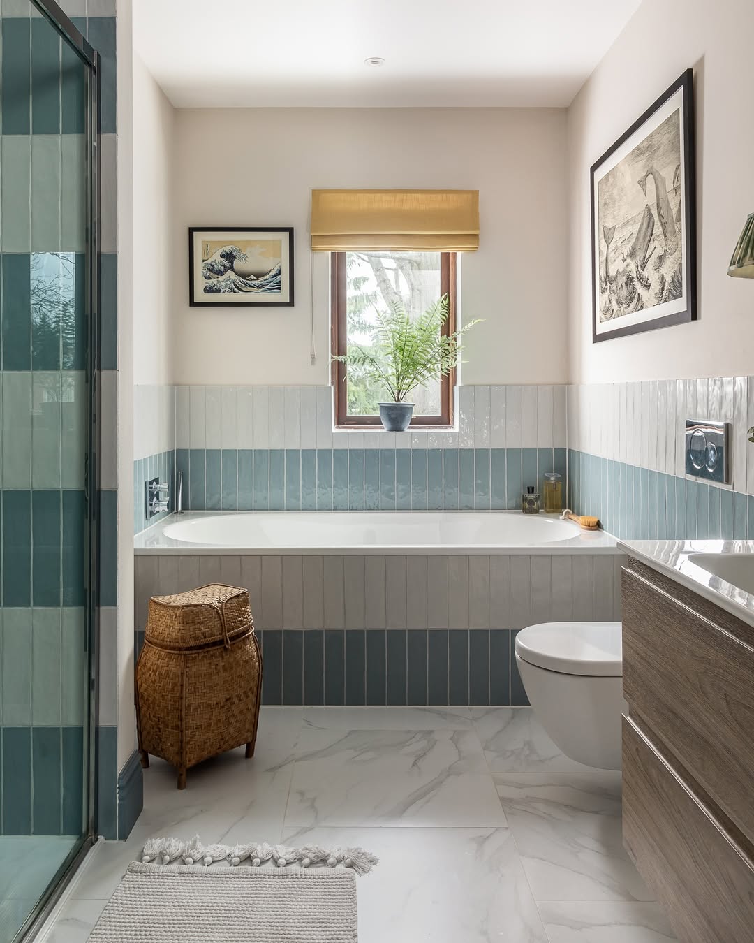 Woven Basket Adds Natural Texture Beside Bathtub