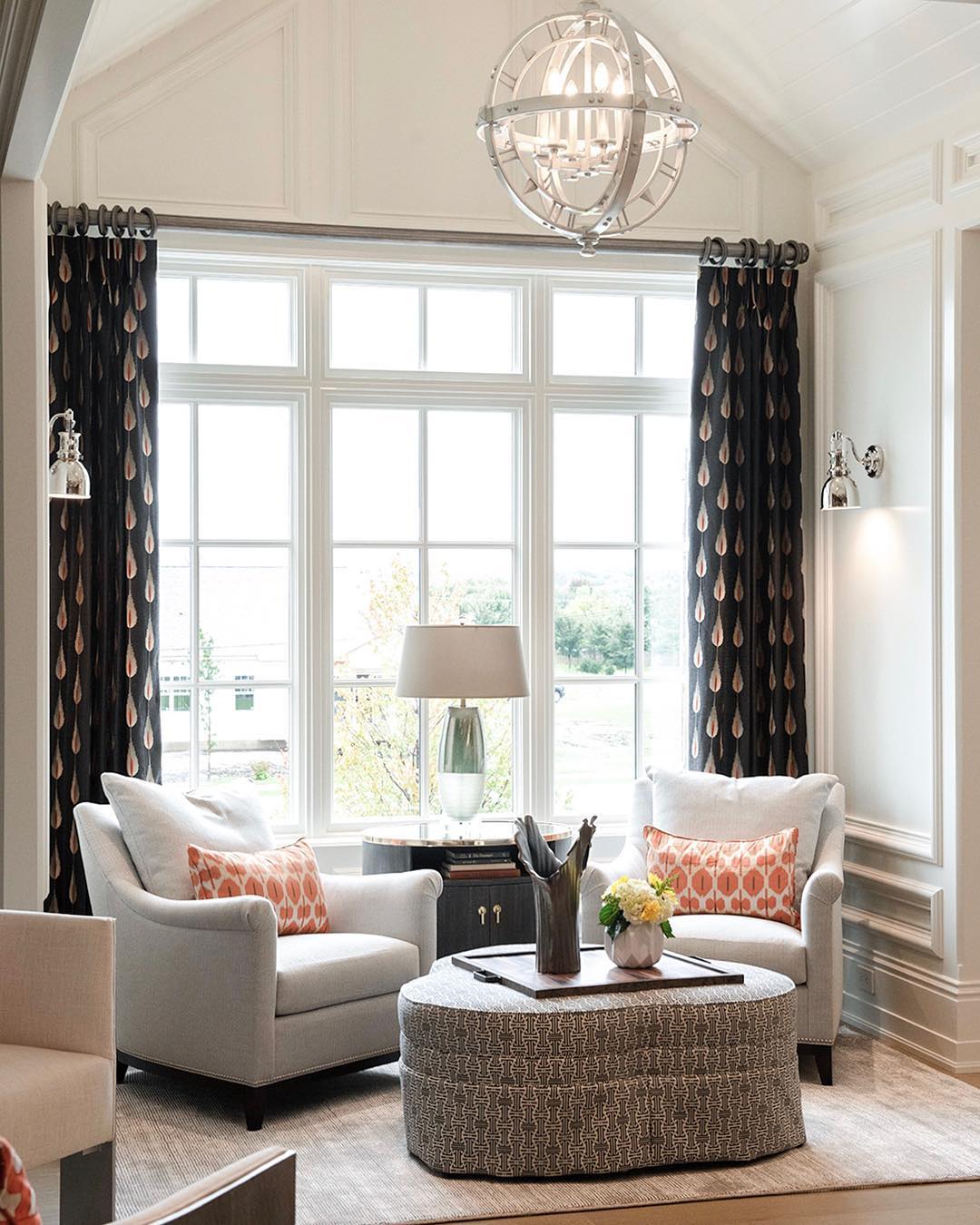 Patterned Ottoman Anchors Seating Area