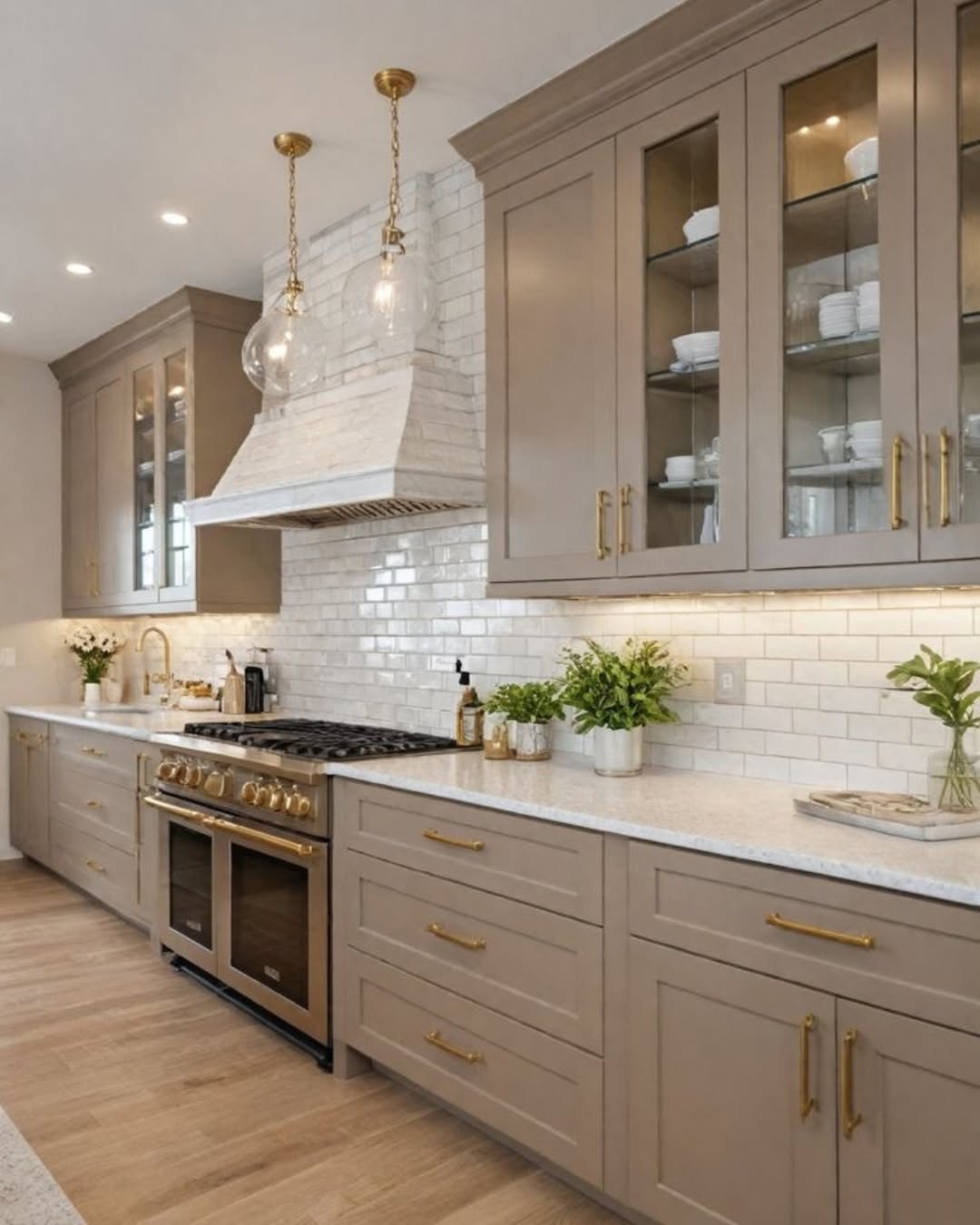 Glass-Fronted Upper Cabinets Display White Dishes