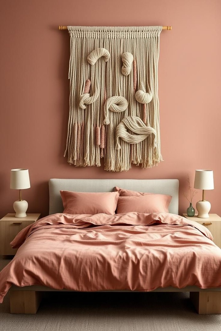 Textured Macrame Wall Hanging Adds Tactile Interest Above Bed