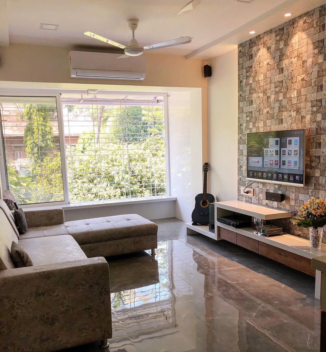 Textured Stone Tile Wall with Modern TV Mount