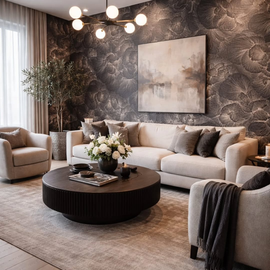 Dark Fluted Coffee Table Grounds the Seating Area