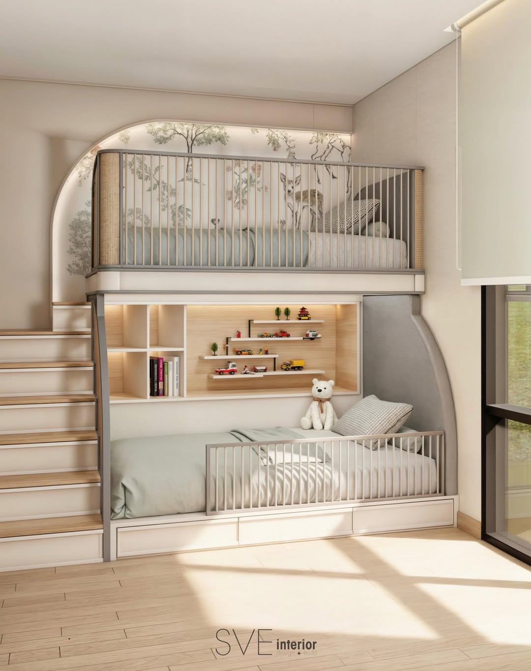 Open Display Shelves Above Lower Bed for Toys and Books