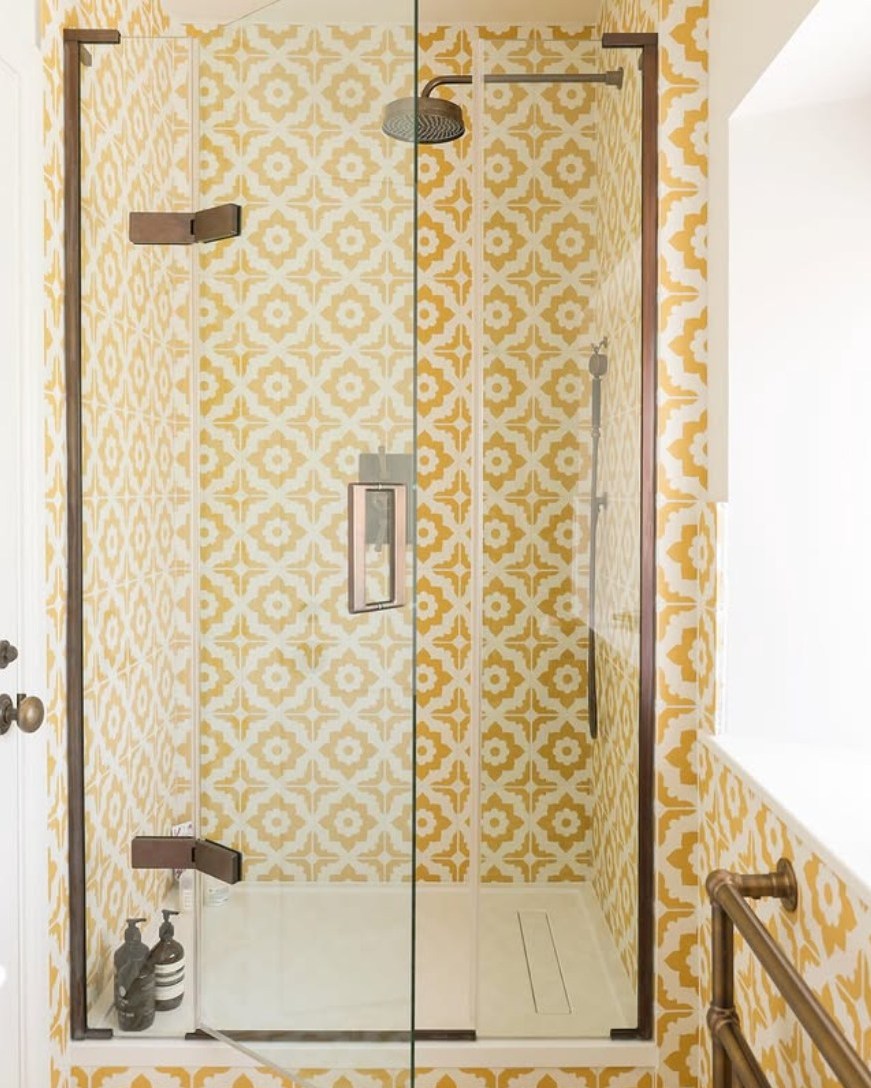 Yellow Patterned Tile Creates a Cheerful, Continuous Shower Enclosure