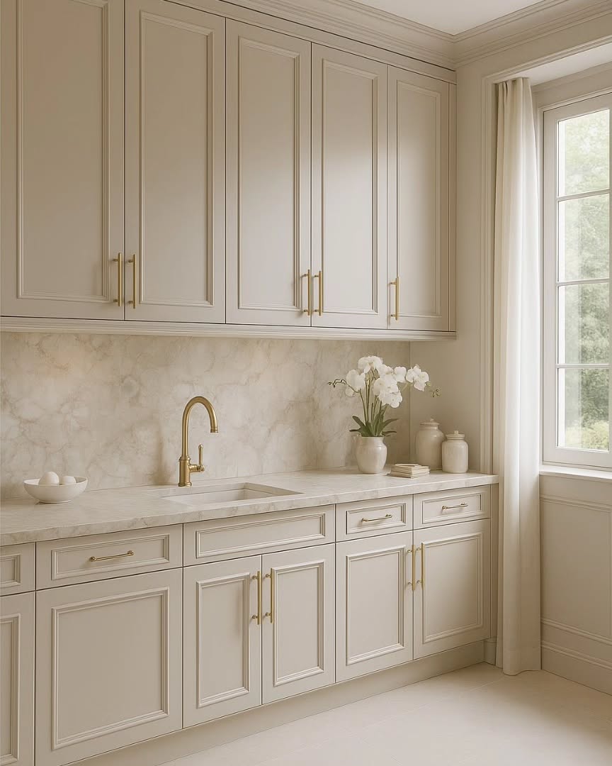 Cream Paneled Cabinets with Delicate Gold Pulls
