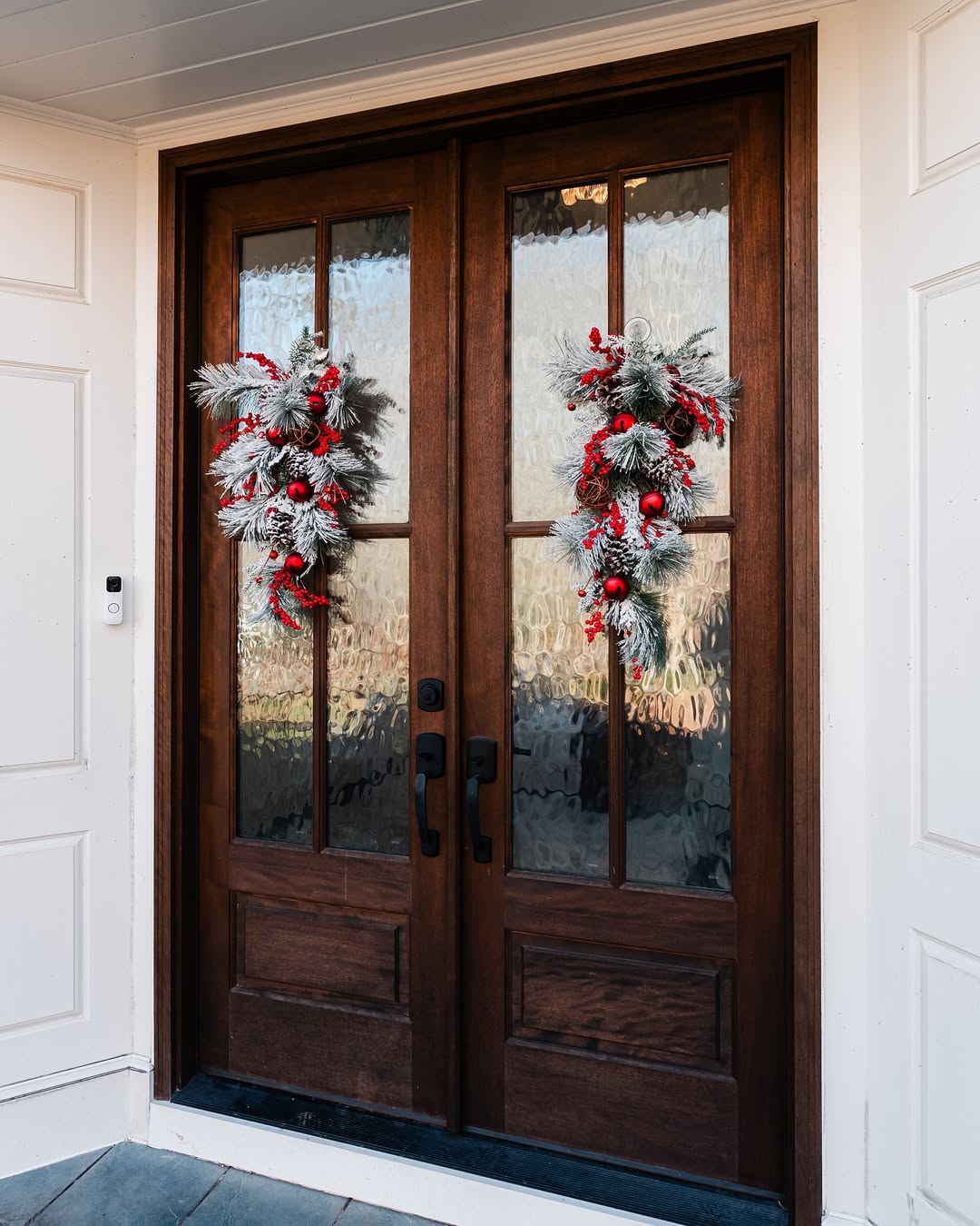 Double Door Swags with Frosted Pine and Red Ornaments