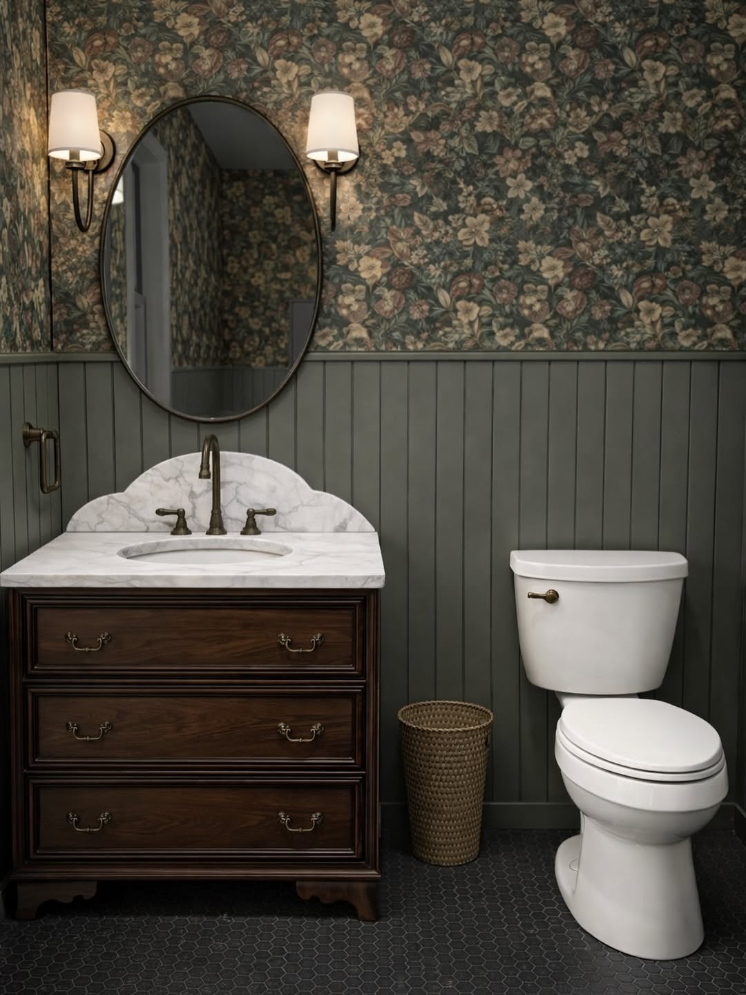 Dark Floral Wallpaper Paired With Wood Wainscoting
