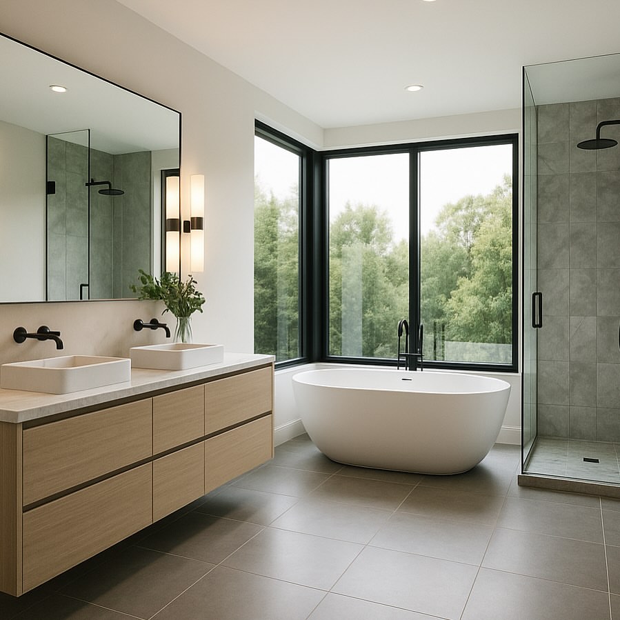 Floating Wood Vanity with Integrated Sinks