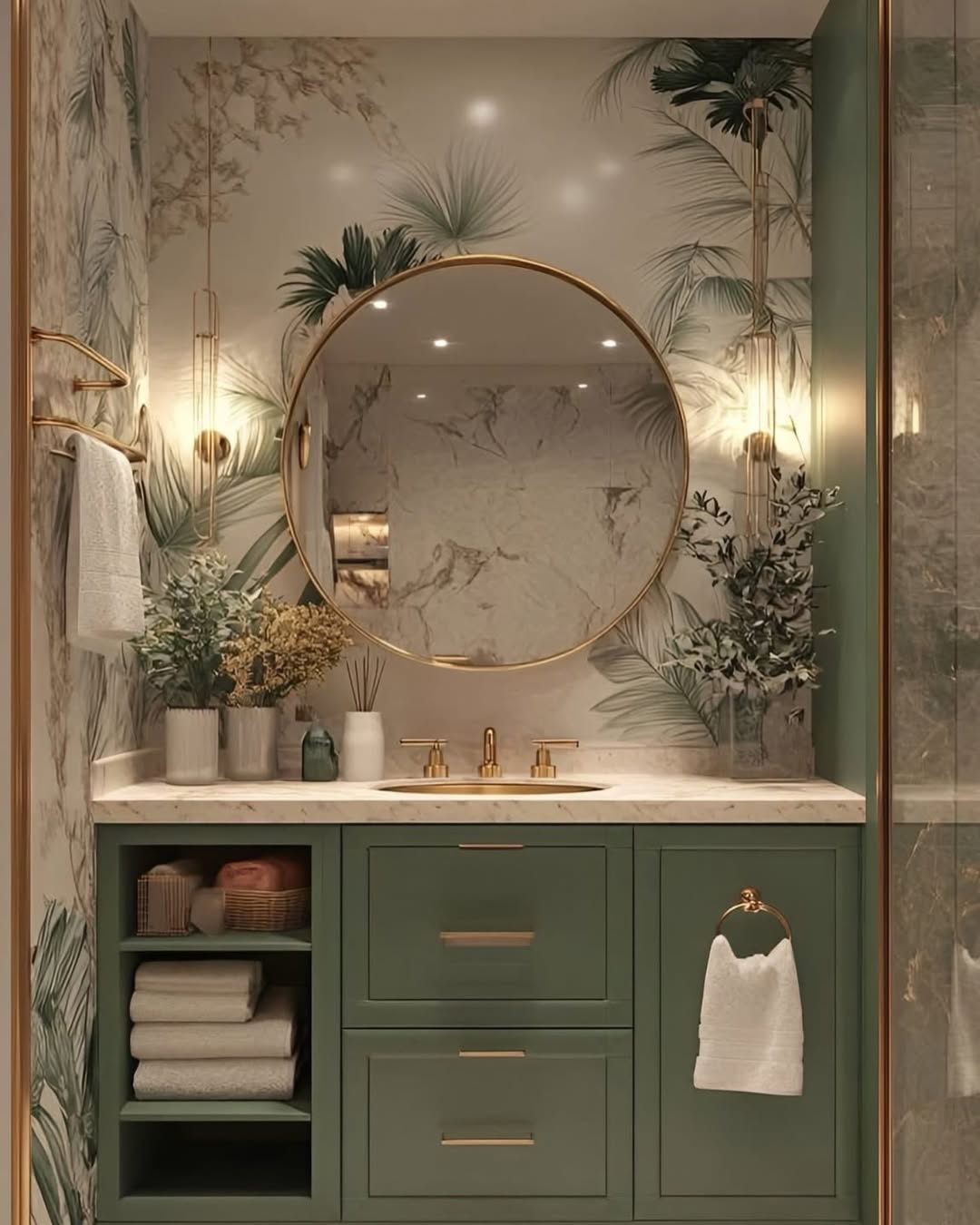 Botanical Wallpaper and Green Vanity Create a Lush Oasis