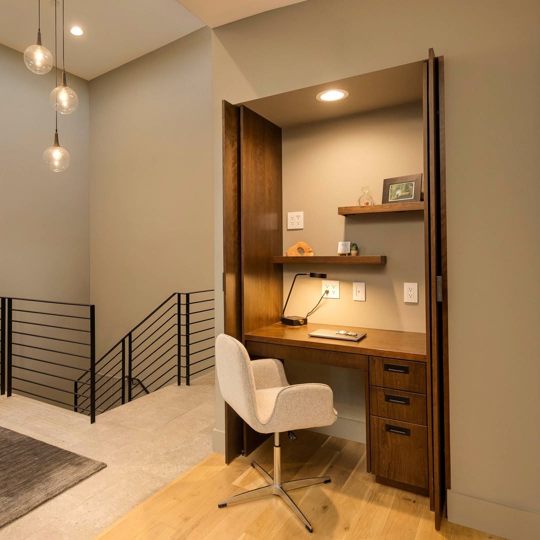 Utilize a Nook with a Built-In Desk and Floating Shelves