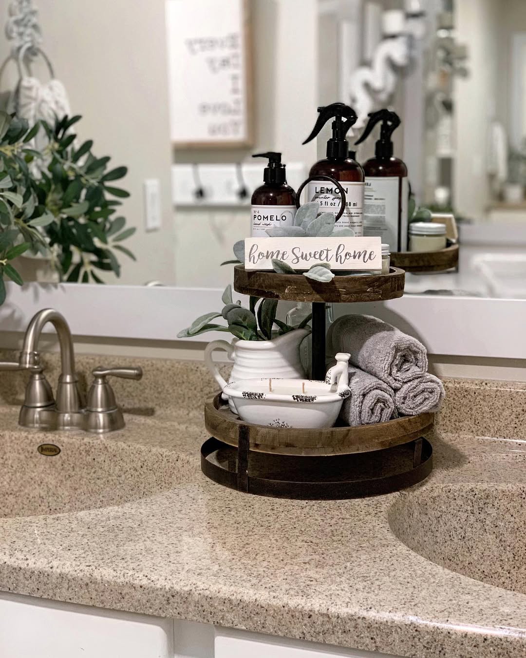 Tiered Wood Tray Grounds Bathroom Essentials and Cozy Accents