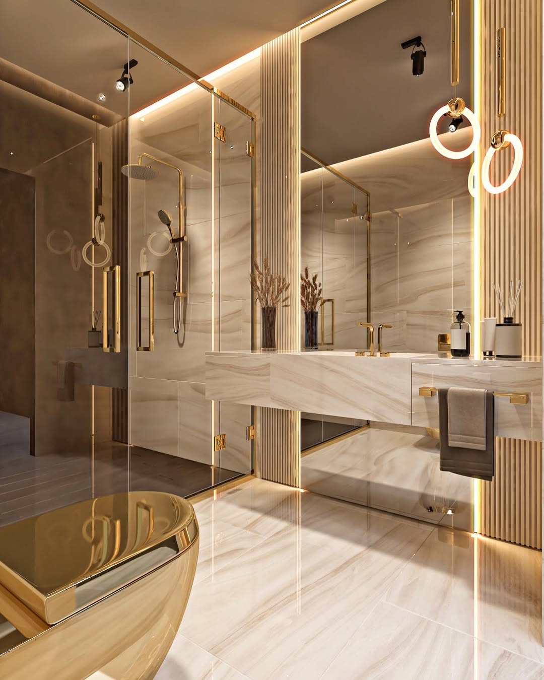 Define Your Shower with a Gold-Framed Glass Enclosure