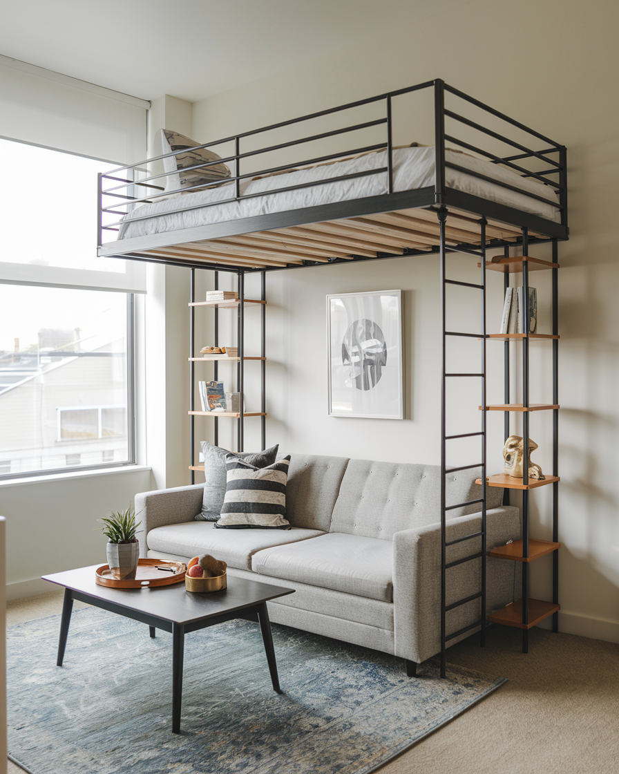 Black Metal Loft Bed with Attached Wooden Shelves