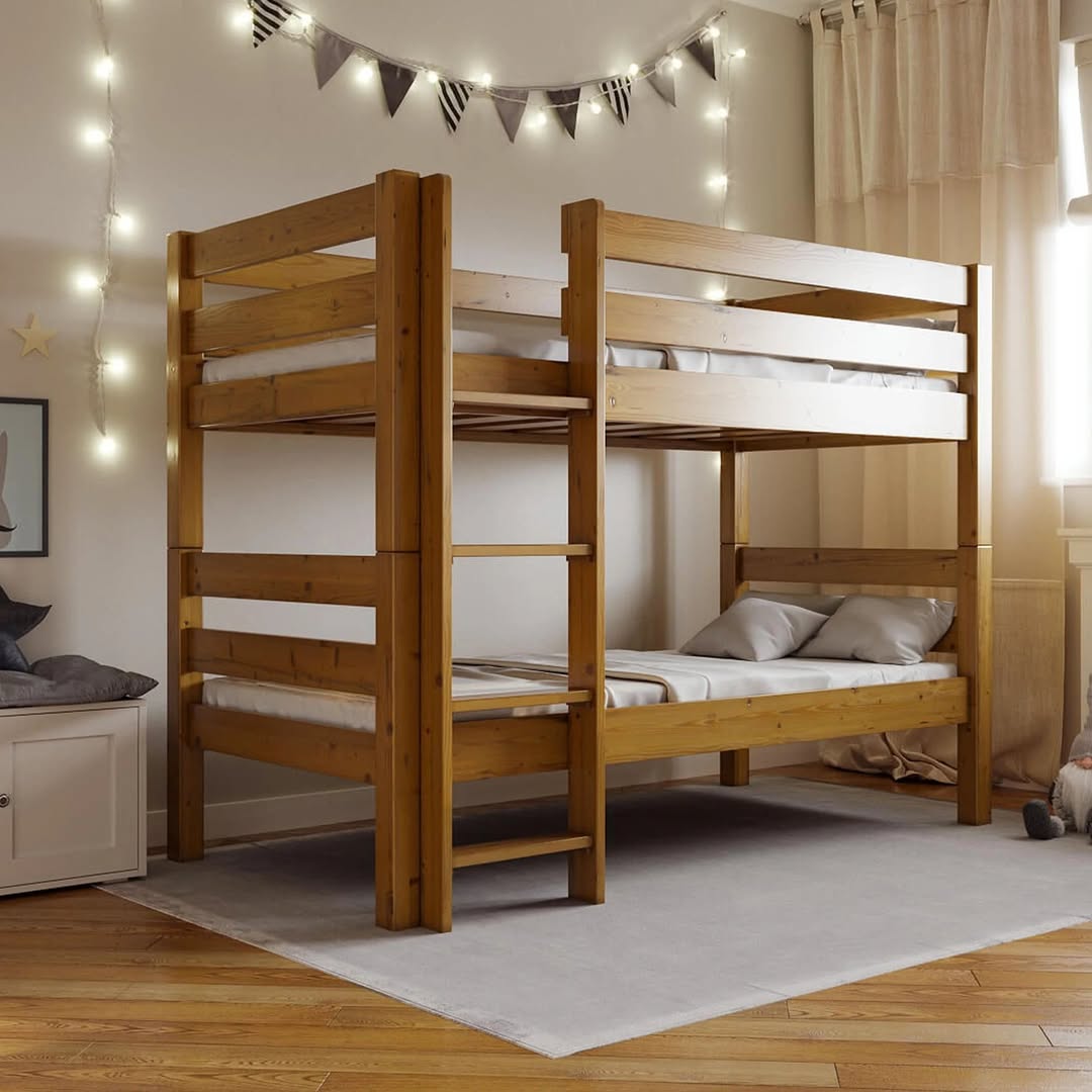 Wooden Bunk Bed with Ladder Integrated Into Frame